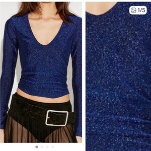 FREE PEOPLE SHIMMER HOUR LONG SLEEVE TOP DEEP DARK BLUE M L